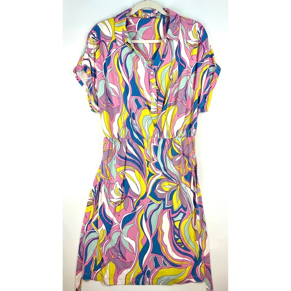 Equal Shirt Dress Pink Blue Yellow Abstract Print Tie Waist Maximalist Sz L - Picture 2 of 13